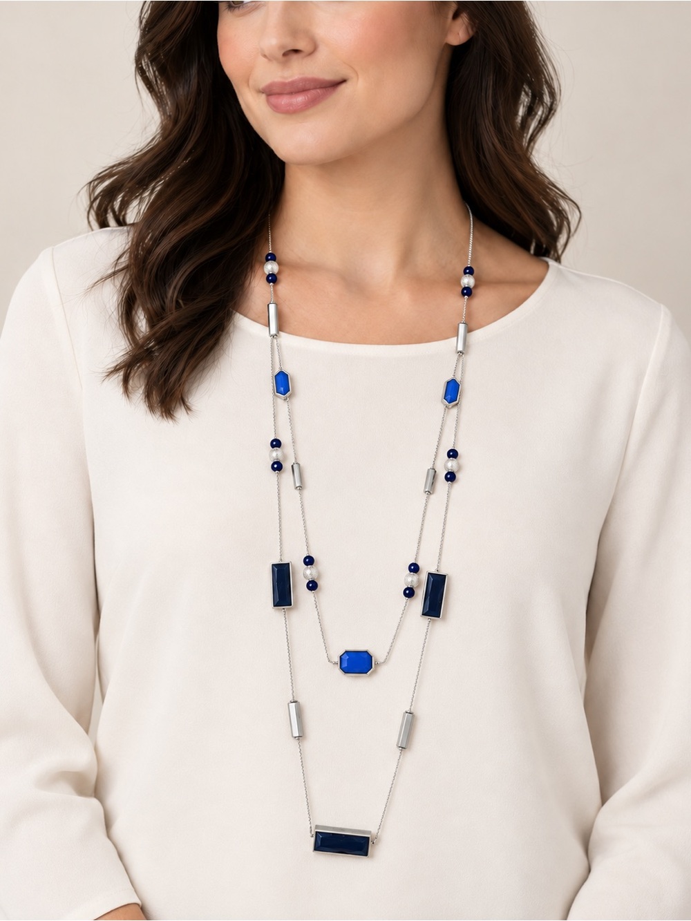 New York & Company Blue Silver Tone Layered Long Double Strand Necklace